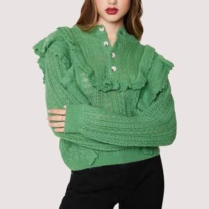 Lost + Wander Green Ruffle Crew Neck Sweater - Women’s Size M/L